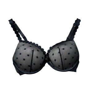Stella McCartney Black Sheer Polka Dot Lace Bra Size 34D Velvet Straps